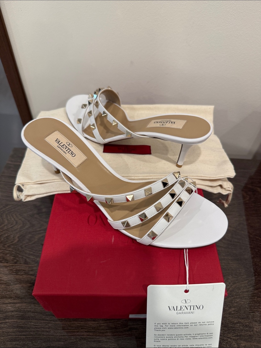Valentino Garavani White Rockstud Three-Strap Slide Mules